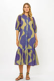 Button Puff Sleeve Midi- Haring Blue