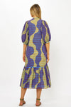 Button Puff Sleeve Midi- Haring Blue