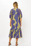 Button Puff Sleeve Midi- Haring Blue