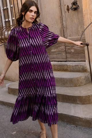 Button Puff Midi- Ikat Purple